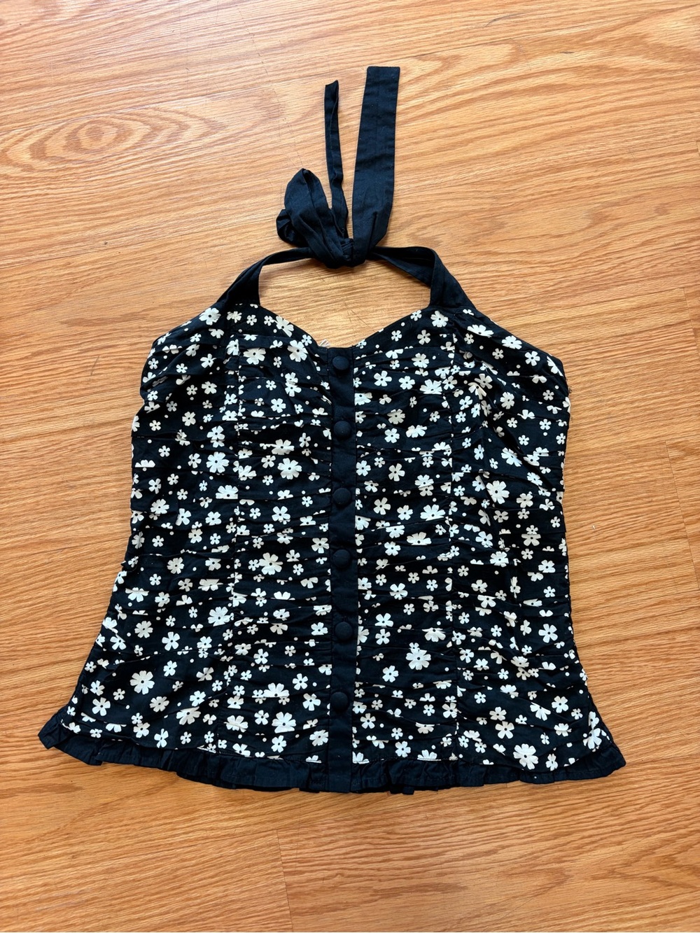 Vintage handmade black and white floral ruched button front halter top